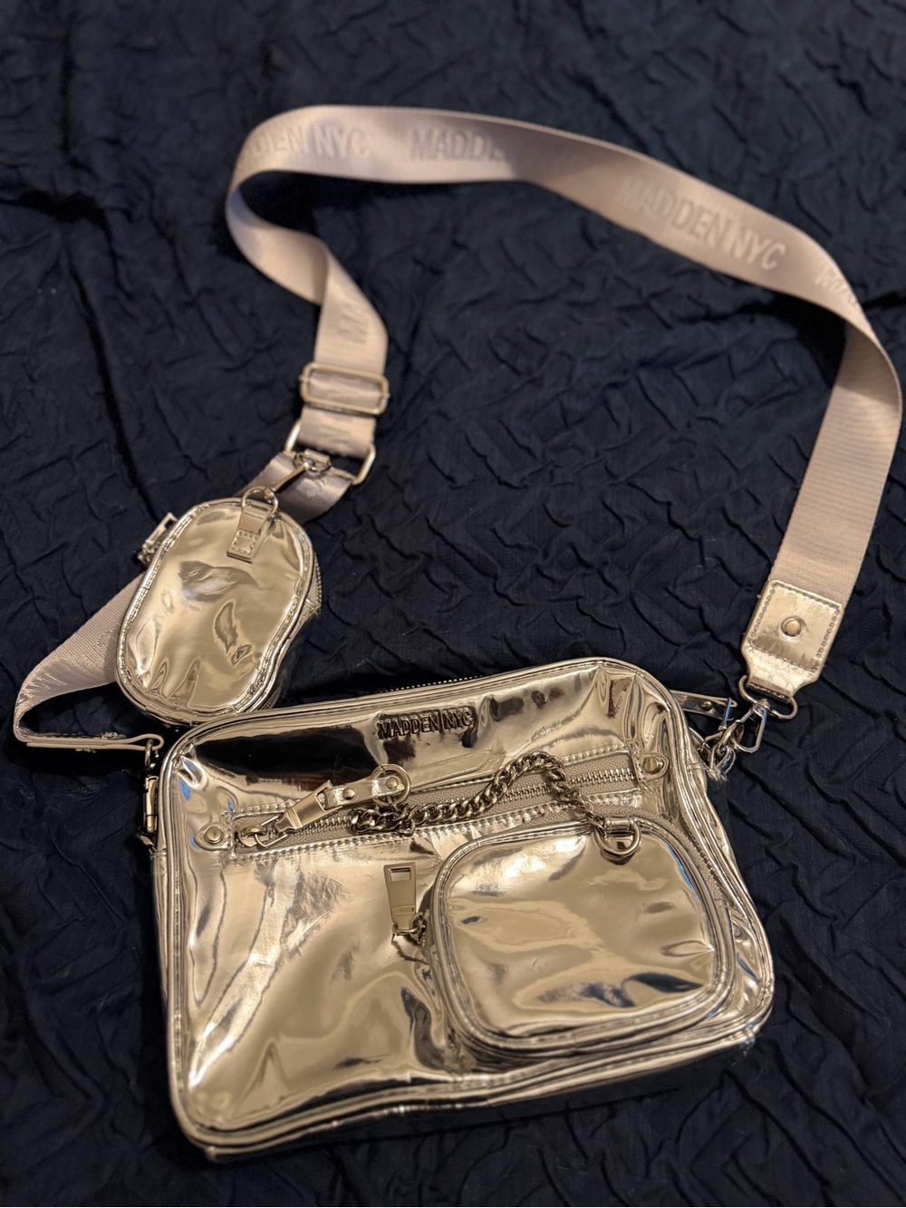Steve Madden Shiny Silver Crossbody Bag with Detachable Pouch